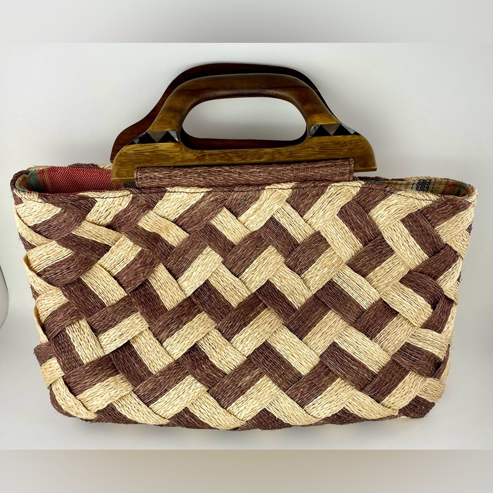 Adrienne Vittadini Straw Tote Handbag Wood Handles Mother of Pearl Inlay NWT